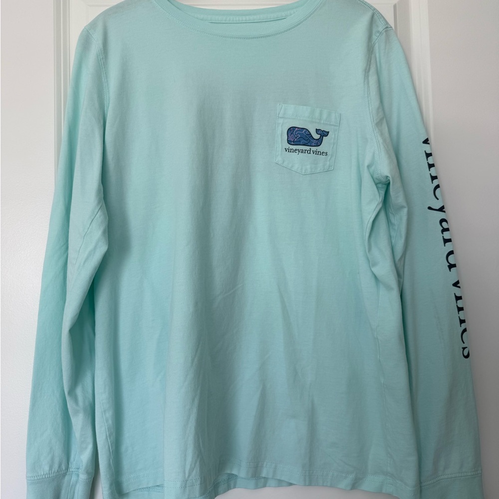 Vineyard Vines Light Aqua Long Sleeve Tee with Navy Whale Logo